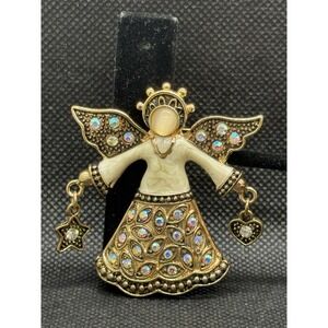 KC Vintage Gold Tone Angel Brooch AB Rhinestone Enamel Star Heart Charms Pin